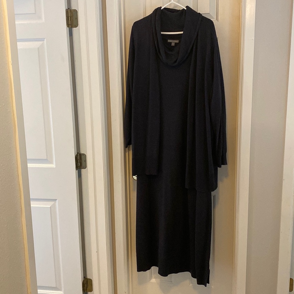 Sweater dress sleeveless with cowl neck and matching long sleeved jacket.